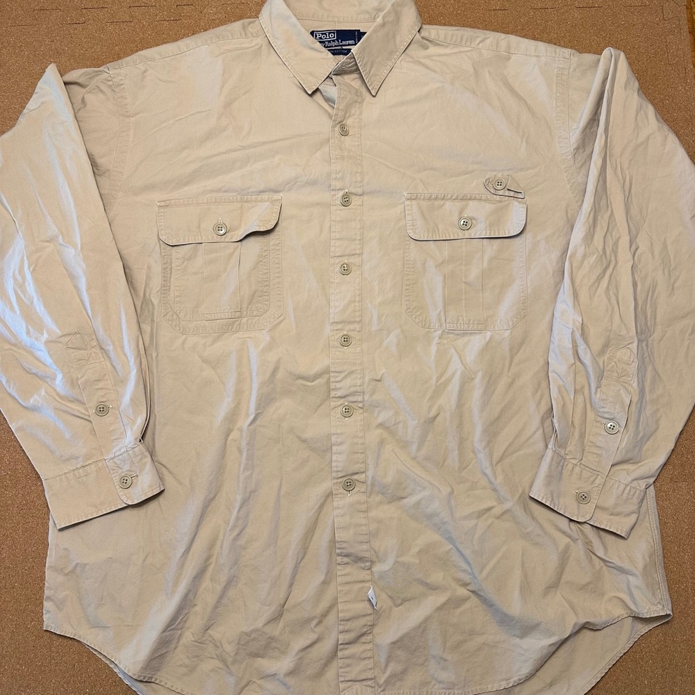 Polo Ralph Lauren Button Down Mens XXL Tan Khaki Cotton Work Shirt Long Sleeve